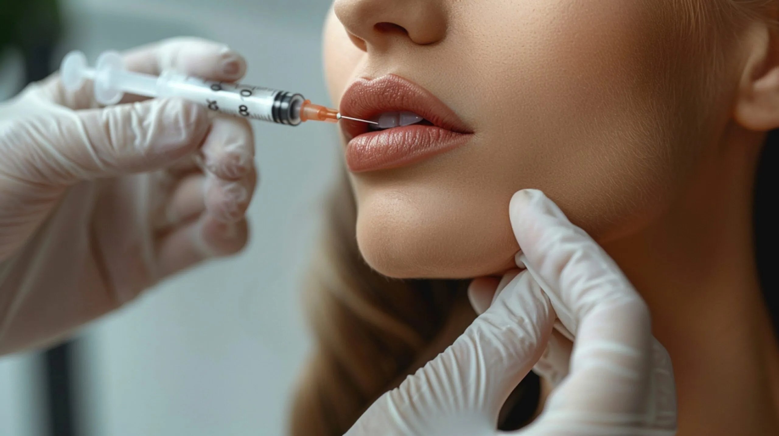 Close-up of a clinician administering a Kybella injection beneath a client’s chin. The procedure targets submental fat to create a more defined jawline.